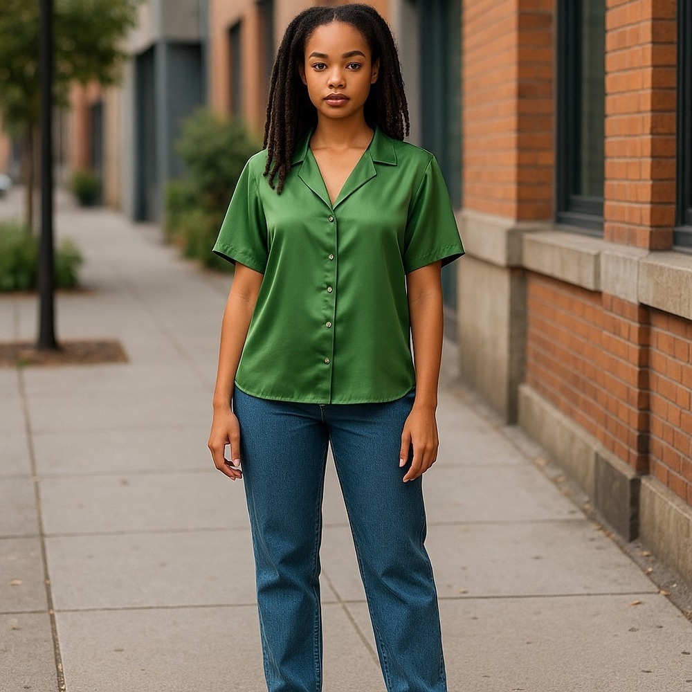 Rachel Zoe Blouse Shirt Top XL Olive Green Short Sleeve Button Down Satin‎